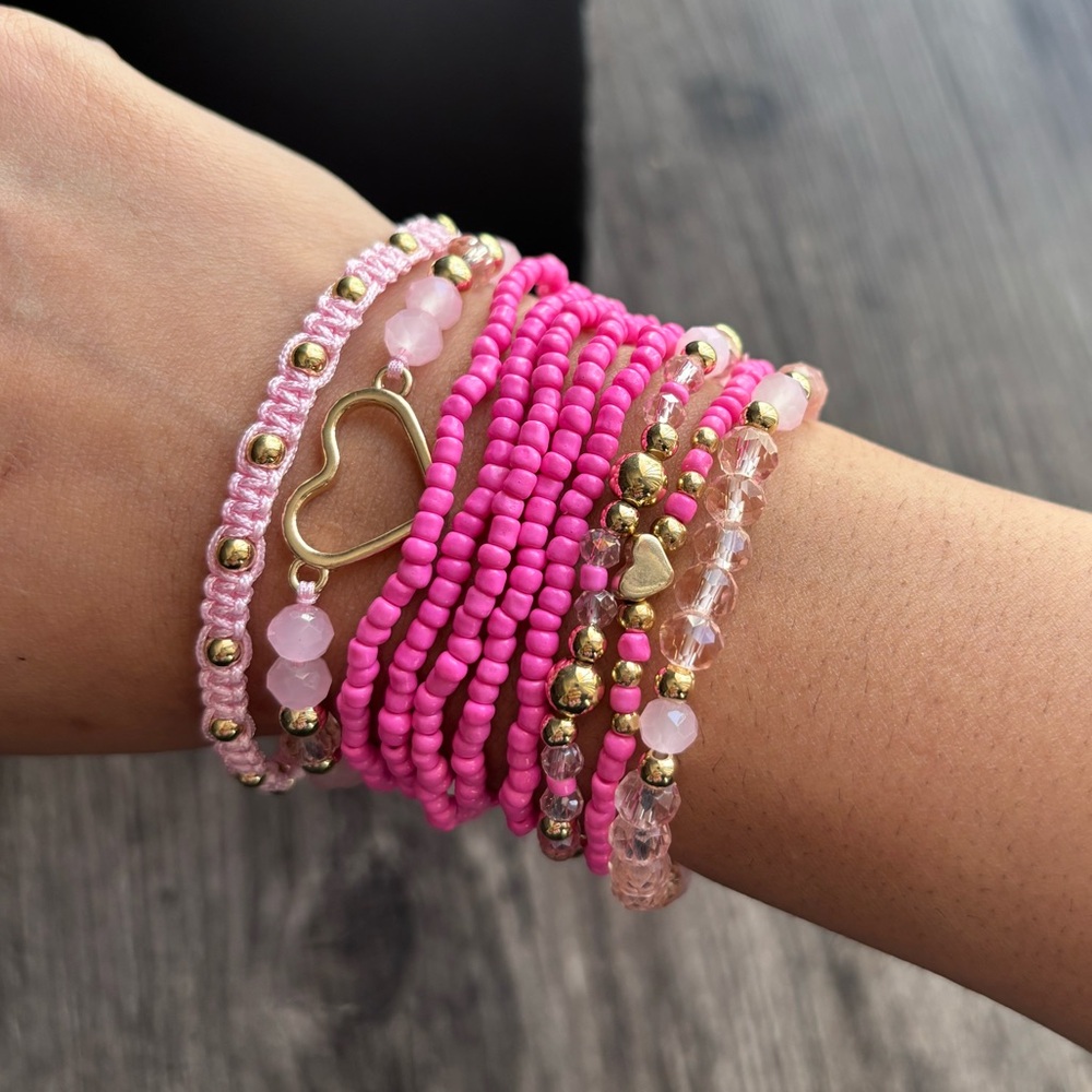 Hot Pink Beaded Stack Bracelet Set with Gold Accents